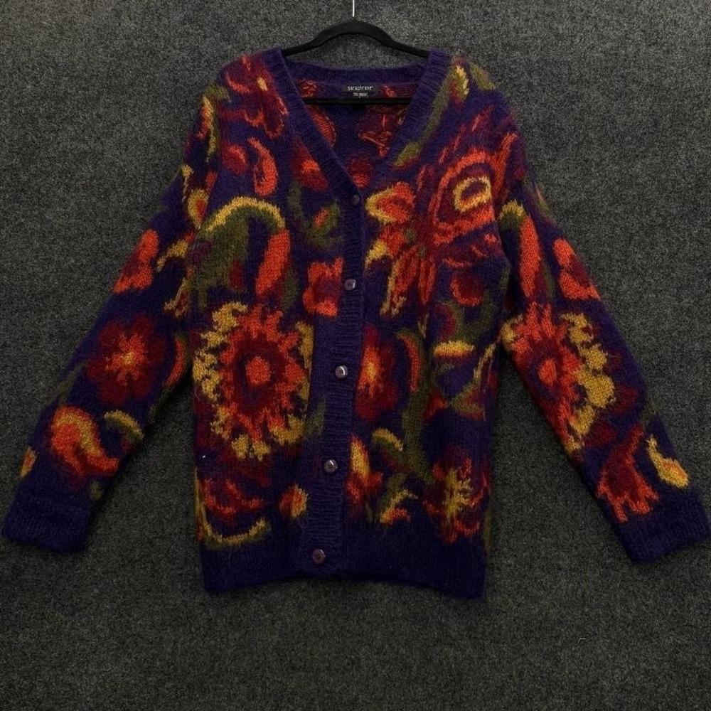Paraphrase Floral Mohair Cardigan Women's Large Purple Fuzzy Sweater Jacket